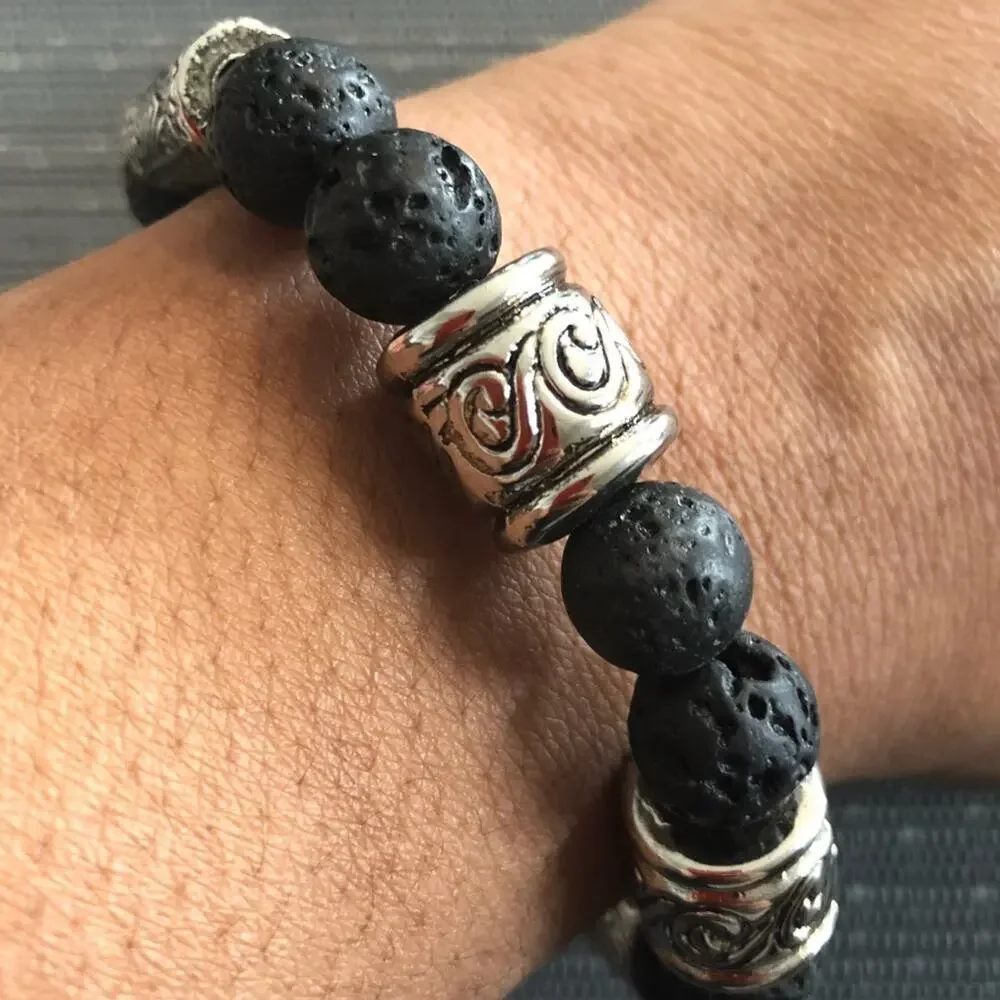 Men’s Black & Silver Volcano Rock Beaded Bracelet - Picture 1 of 6